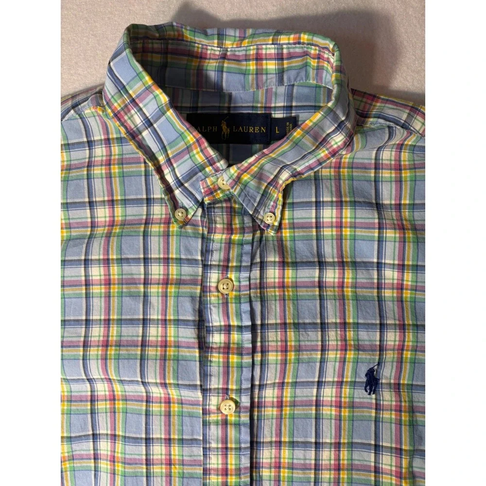 Ralph Lauren Mens Large Pastel Plaid Button Down Shirt Blue Yellow Pink Check L